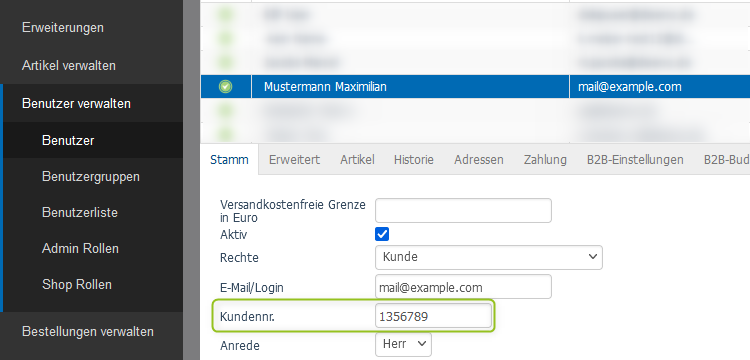 Kundennummer in den Benutzereinstellungen