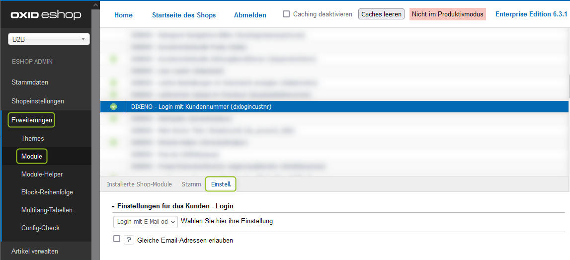 Modul-Einstellungen des Moduls Login mit Kundennummer