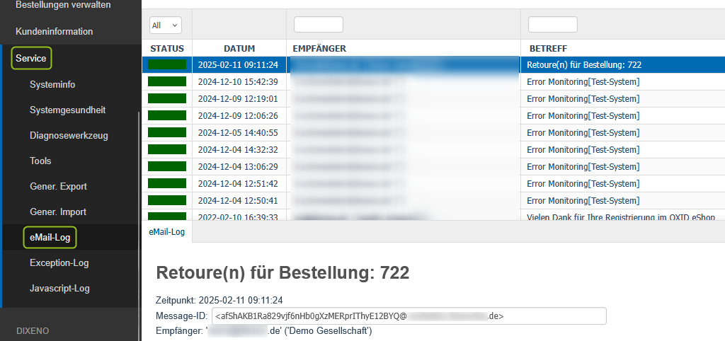 Einstellungen unter Service
