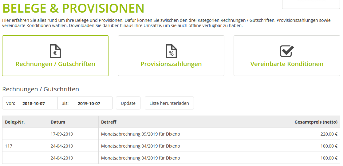 Belege & Provisionen
