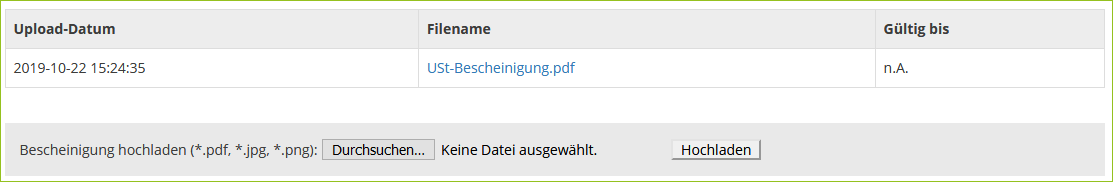 Hochgeladene USt-Bescheinigung