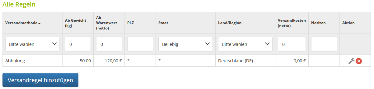 Versandkosten-Regel definieren