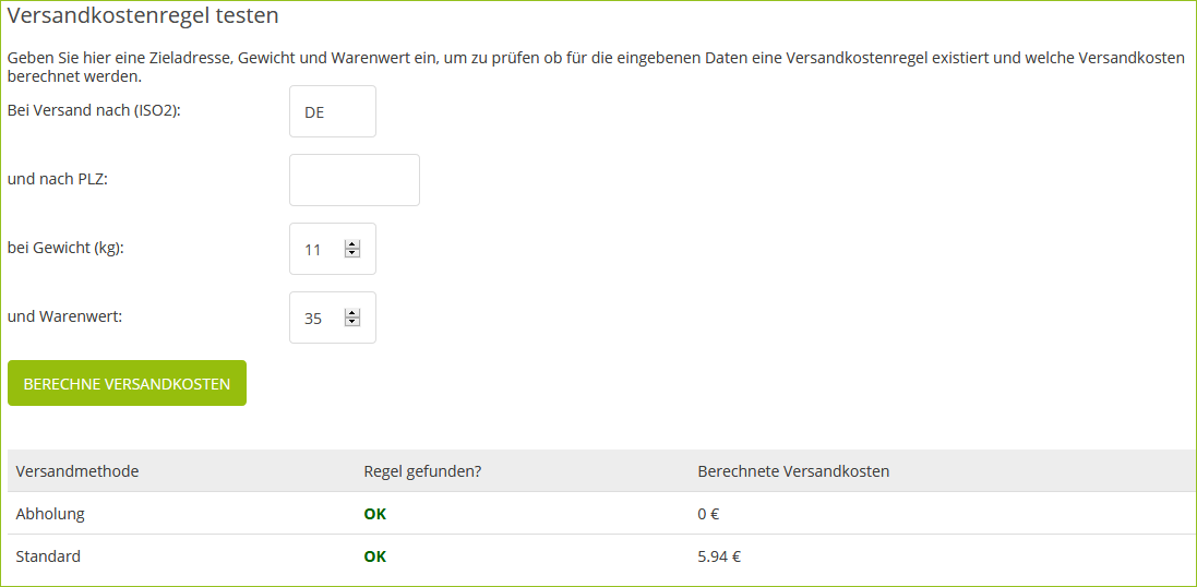 Versandkostenregeln testen