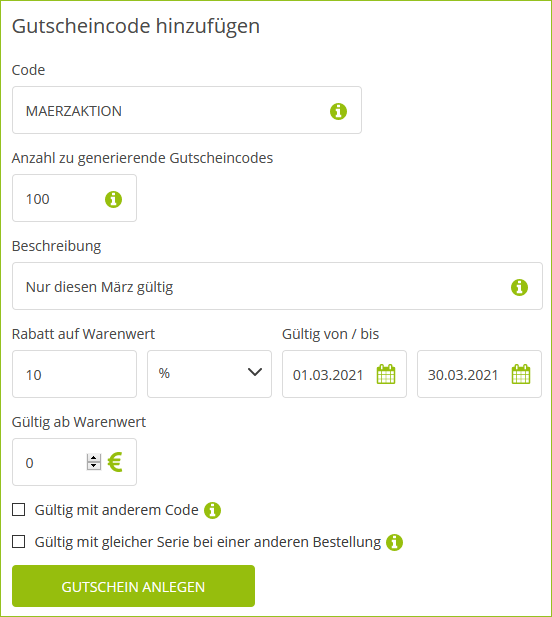 Gutscheincode anlegen