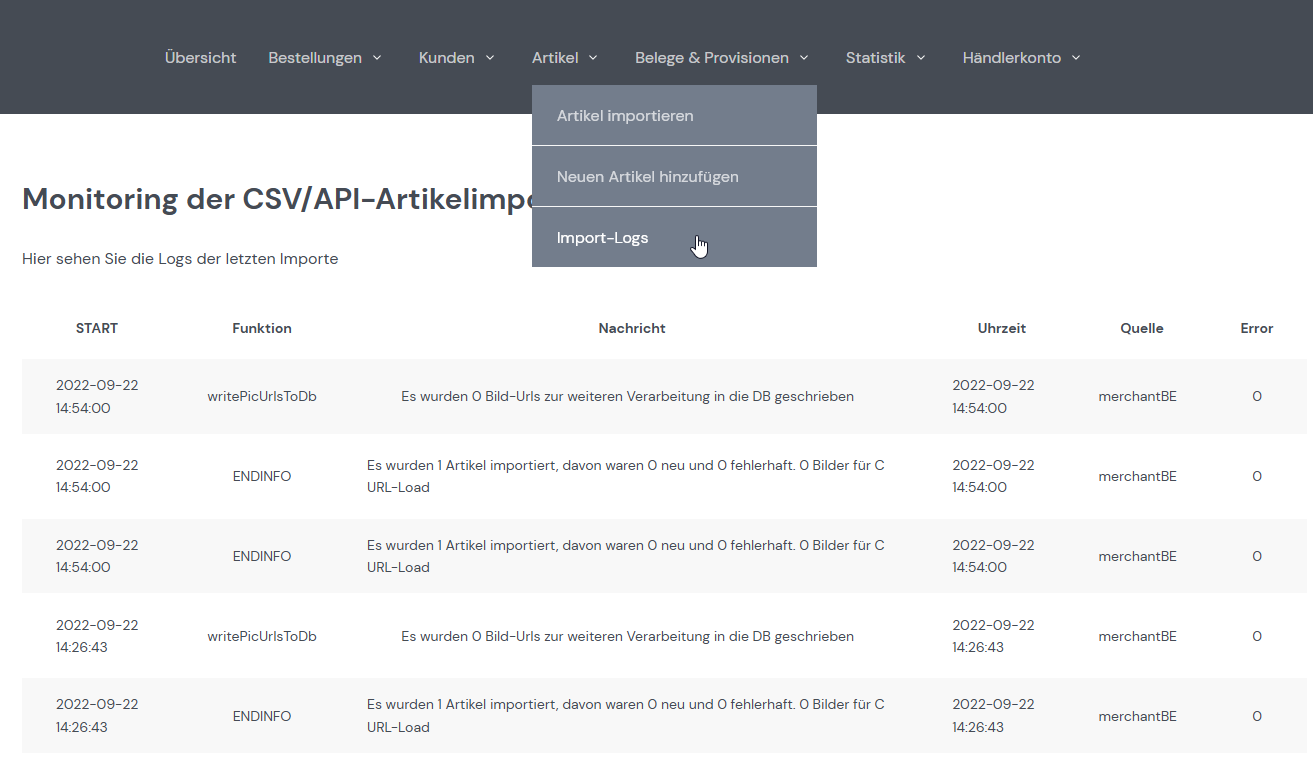 Artikel Import-Logs