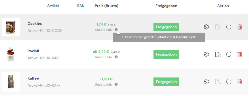 Artikelübersicht mit Rabatten