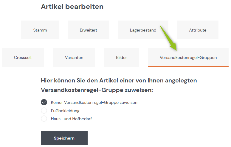 Versandkostenregel-Gruppen in der Artikelmaske
