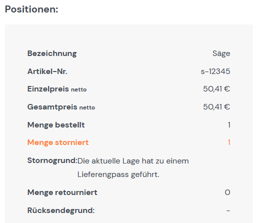 Meldung der Stornierung