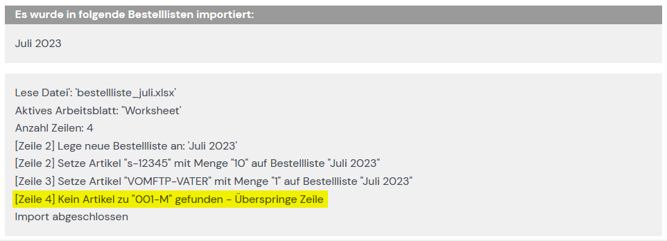 Bestellliste wurde mit einem Problem hochgeladen