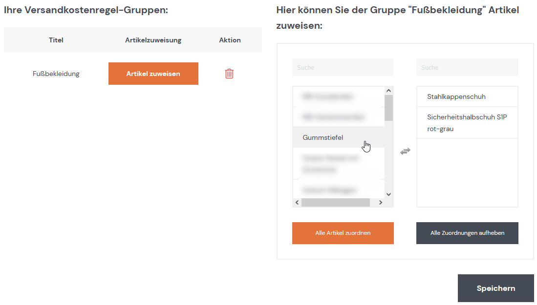 Versandkostenregel-Gruppe Artikel zuweisen