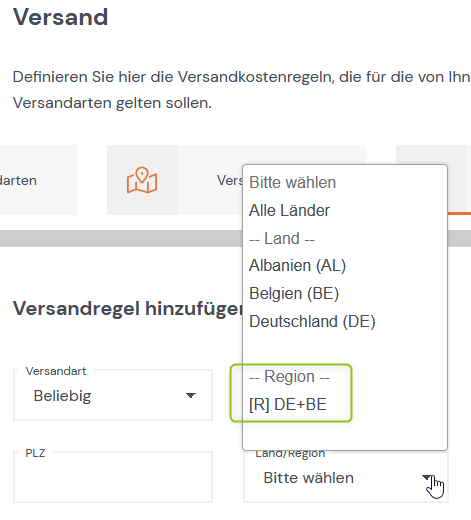 Region einer Versandkostenregel zuordnen