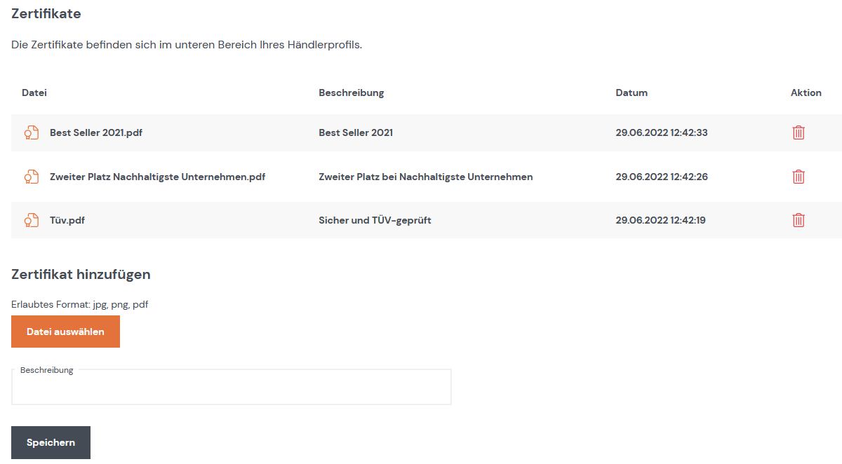 Zertifikate im Händlerprofil