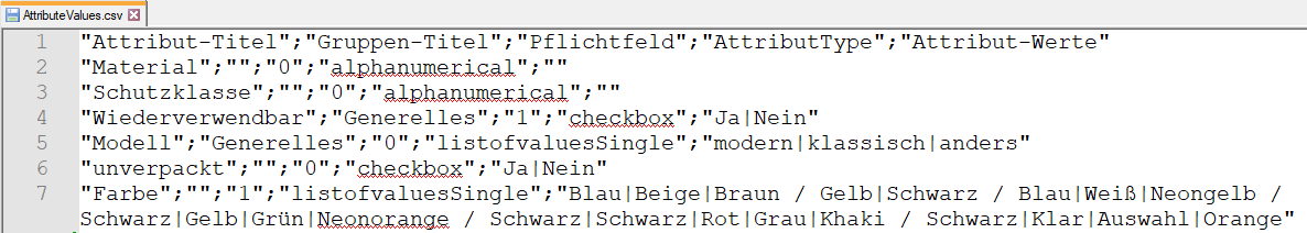 Beispiel CSV-Datei mit Attributen