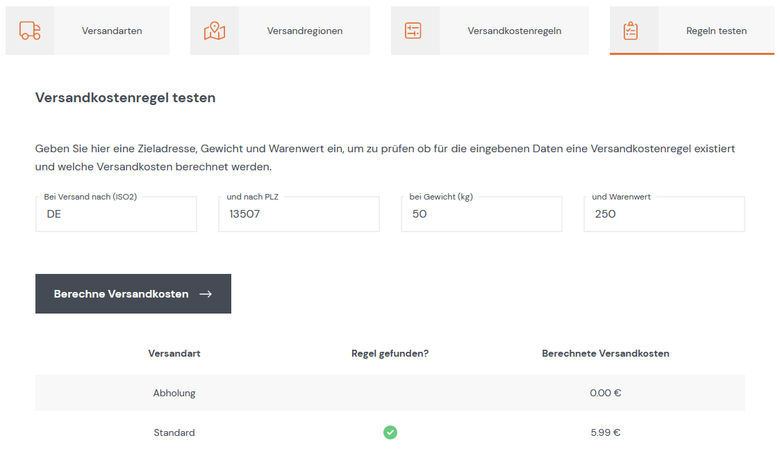 Versandkostenregeln testen