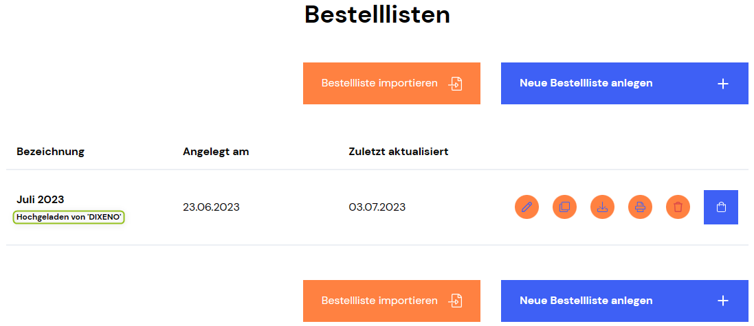 Bestellliste im Shop-Konto