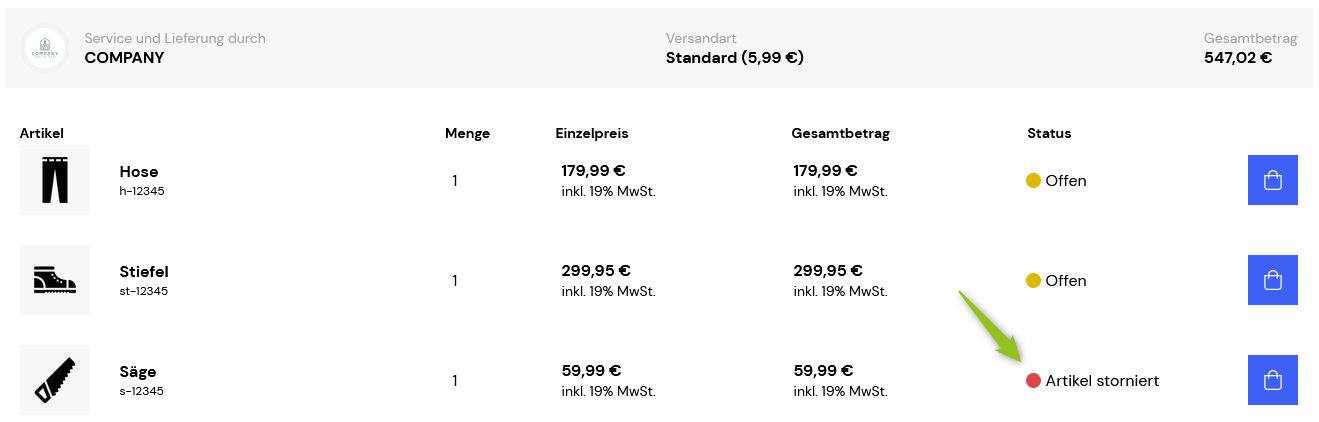 Status Bestellung storniert im Shop