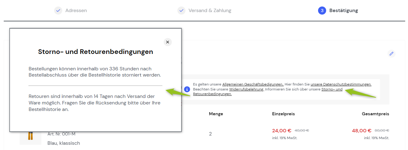 Storno- und Retourinfos im Warenkorb