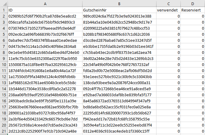 Gutscheincodes in der CSV-Datei