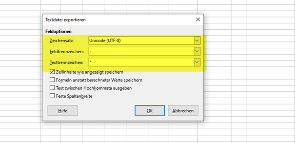 Feldoptionen für CSV in LibreOffice
