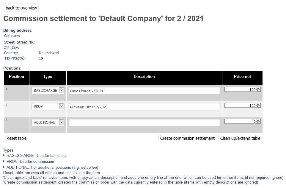 Commission invoice in detail
