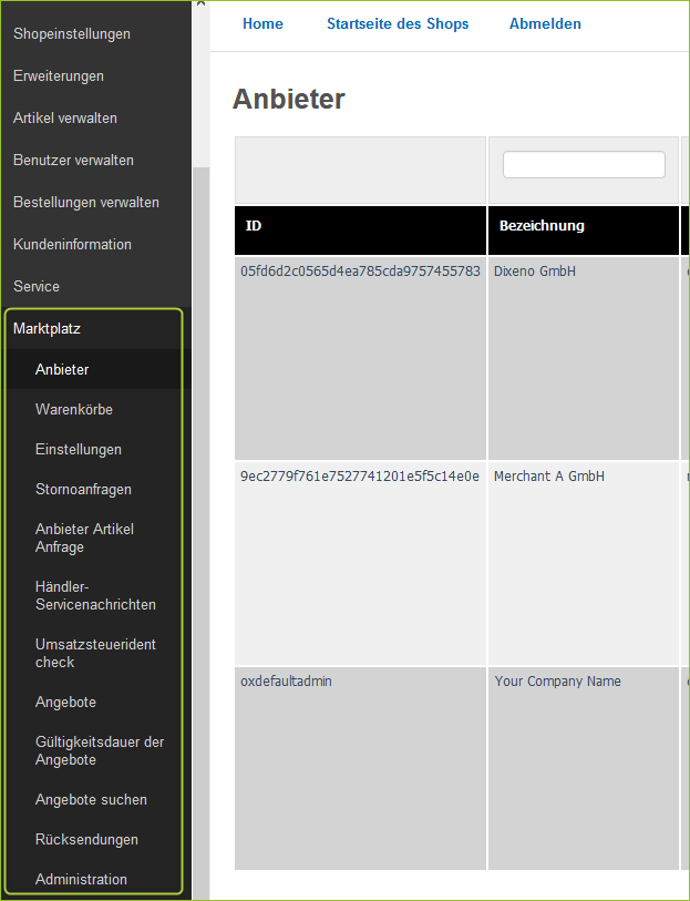 Funktionen des Marktplatz-Moduls im OXID-Backend