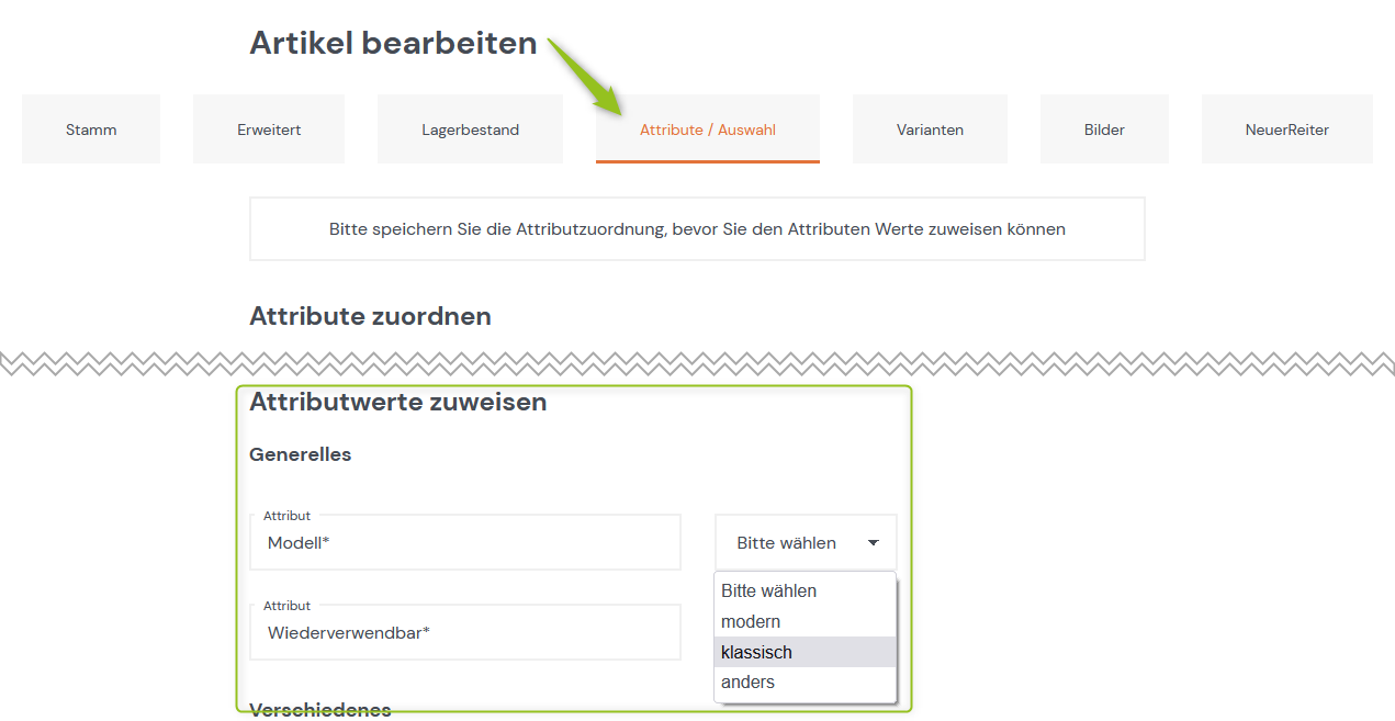 Ergebnis: Attribute für Artikel definieren