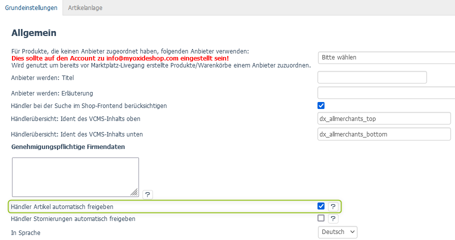 Einstellungen: Alle Artikel automatisch freigeben