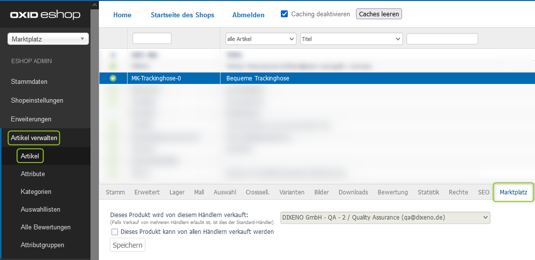 Zusätzliche Artikeleinstellungen des Marktplatzes