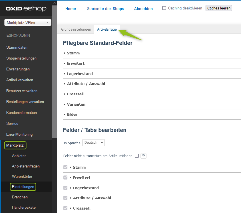 Einstellungen für neue Registerkarten bei der Artikelpflege
