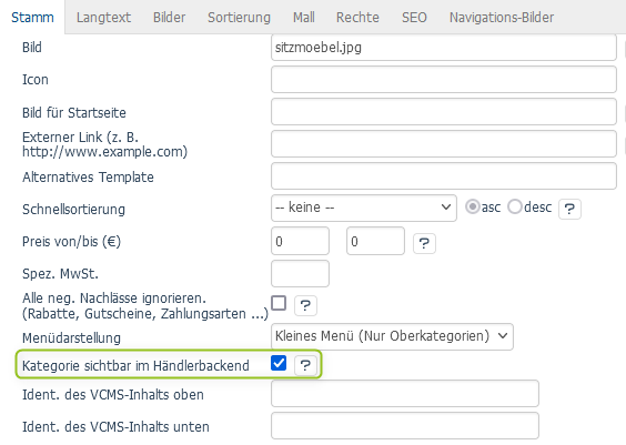 Kategorie in Händler-Backend sichtbar machen
