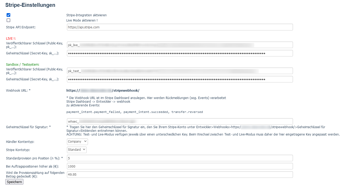 Stripe-Einstellungen im OXID-Backend