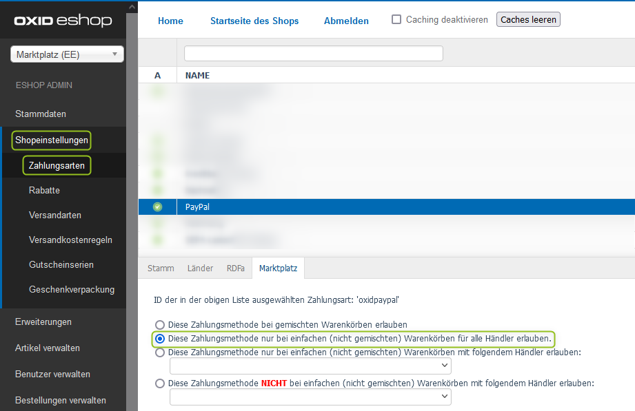 PayPal: Einstellungen in der Zahlungsart