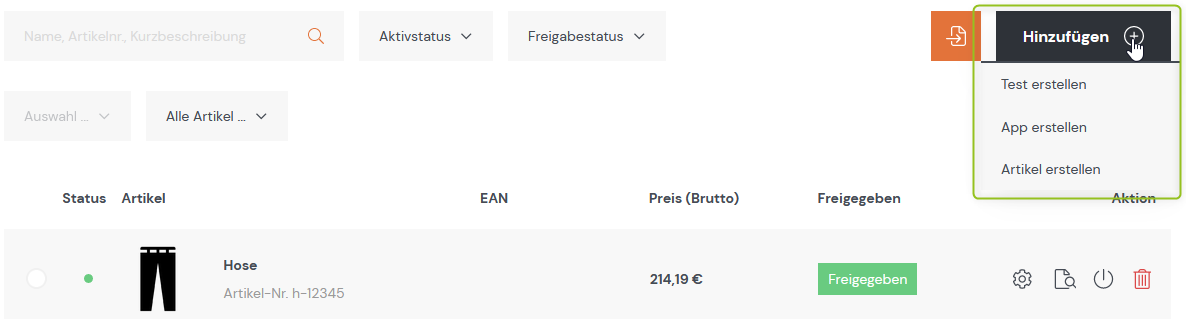 Artikelvorlagen im Händler-Backend