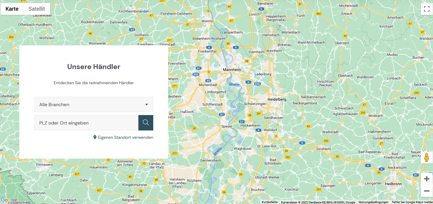 Google Karte mit Mittelpunkt und Begrenzungen