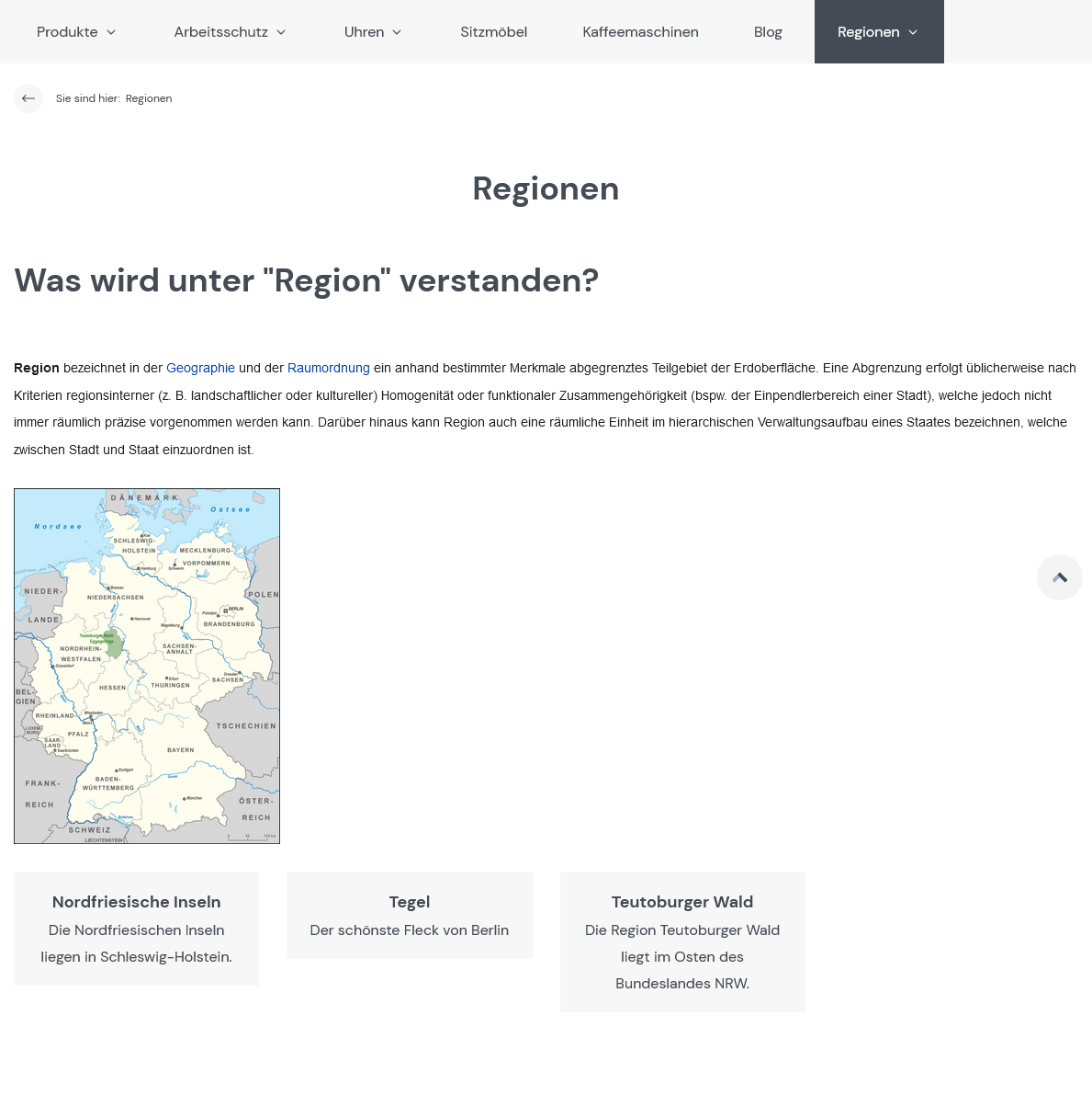 Übersichtsseite mit Regionen