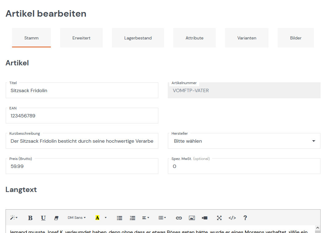 Artikelpflege im Frontend