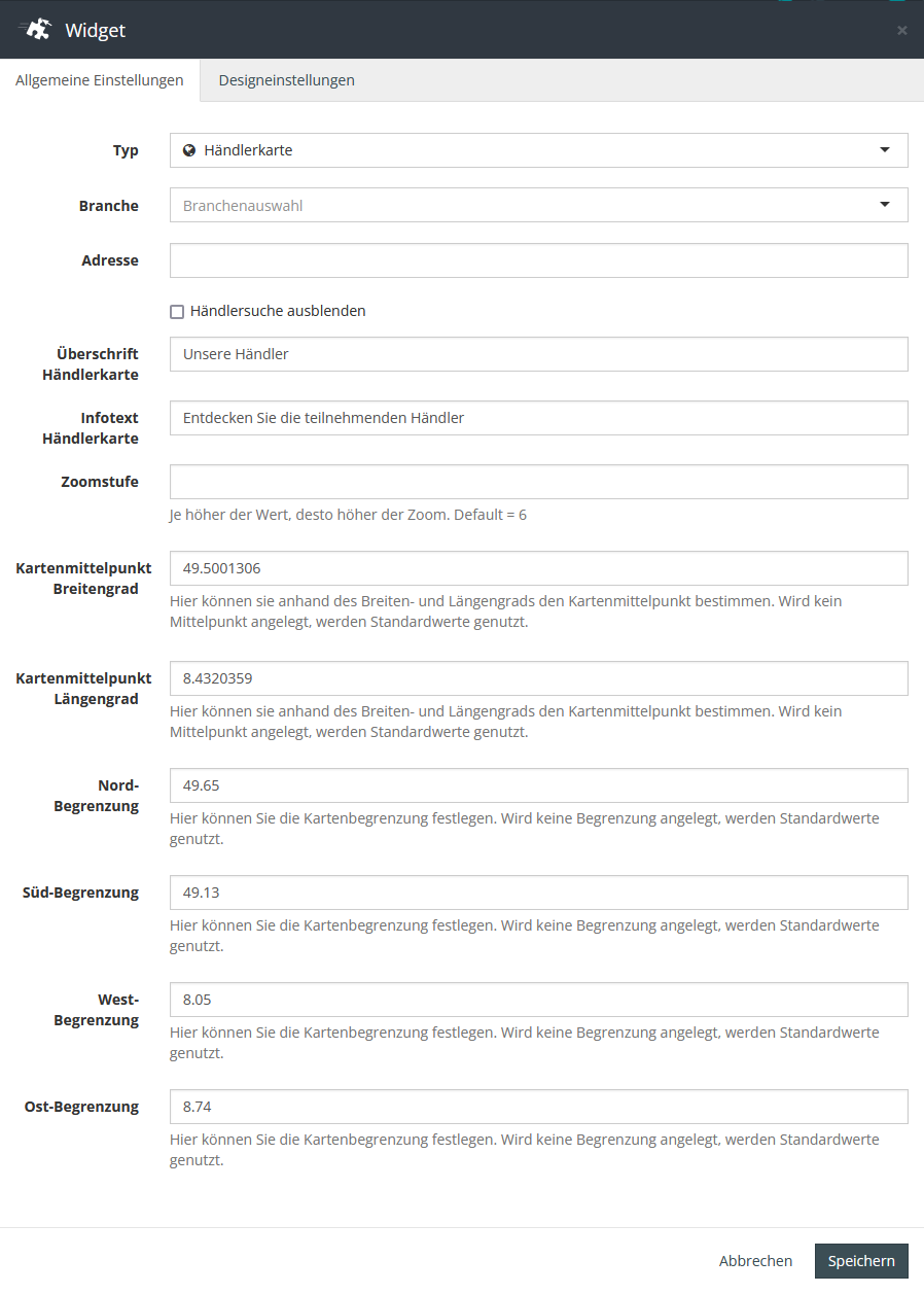 Einstellungen für das Händlerkarte-Widget