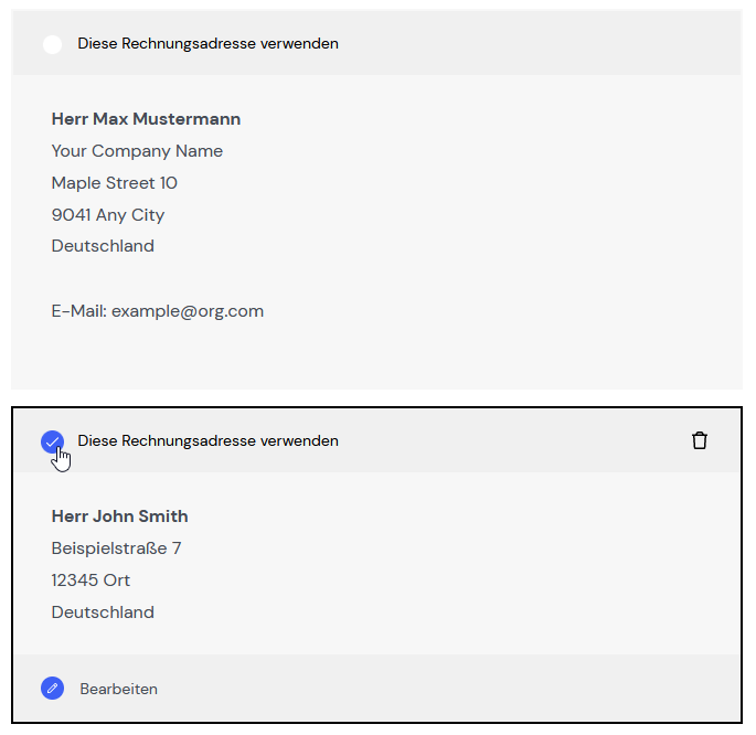 Weitere Rechnungsadresse im Konto wählen