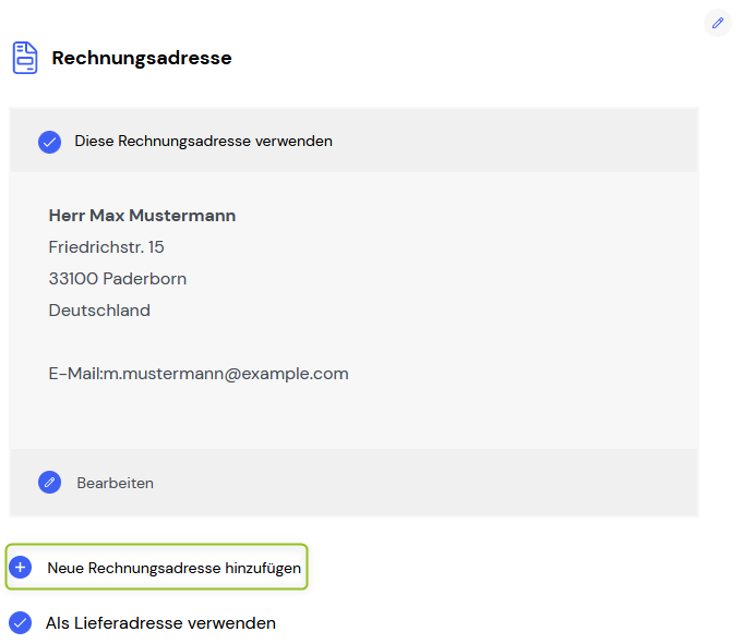 Weitere Rechnungsadresse im Bestellprozess