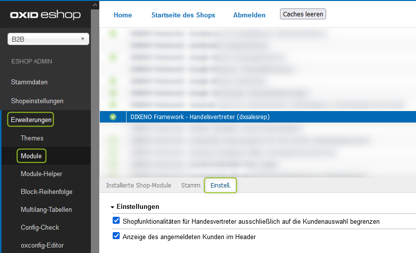 Modul-Einstellungen des Sales-Rep-Moduls