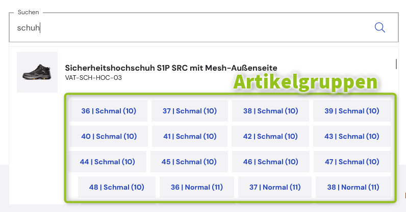 Suche mit Artikelgruppen