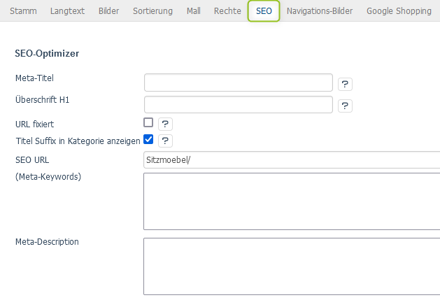 Einstellungen in der SEO-Registerkarte