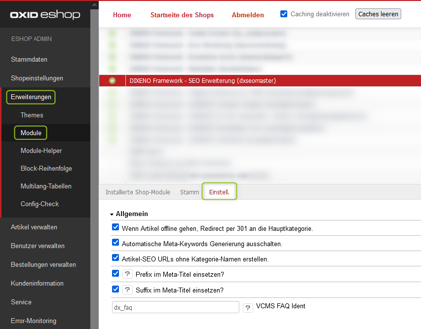 Überblick über die Funktionen des Moduls SEO Erweiterung im OXID-Backend