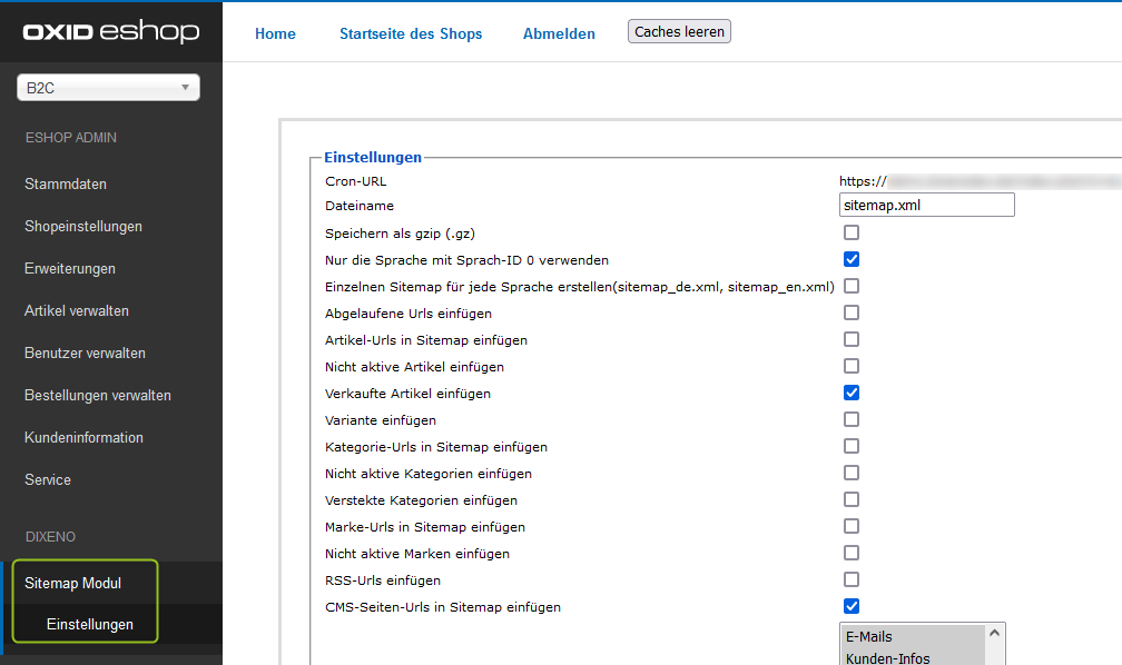 Sitemap-Einstellungen