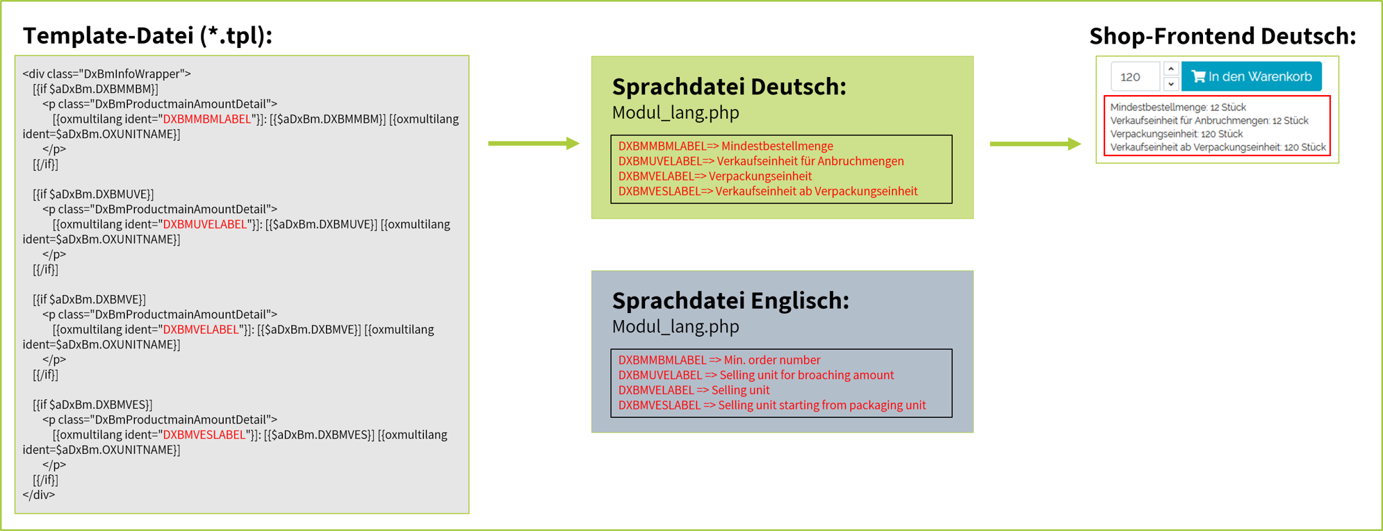 Zusammenhang zwischen Template-Datei, Sprachdatei und Shop-Frontend