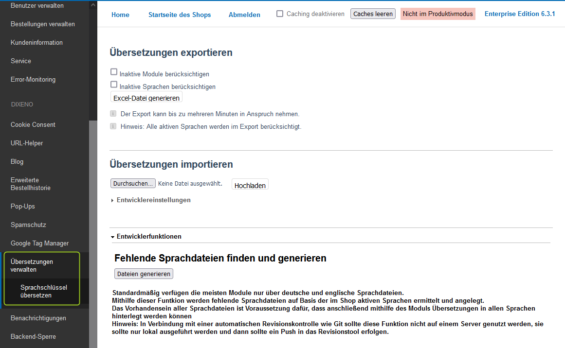 Funktionen des Übersetzungsmoduls im OXID-Backend