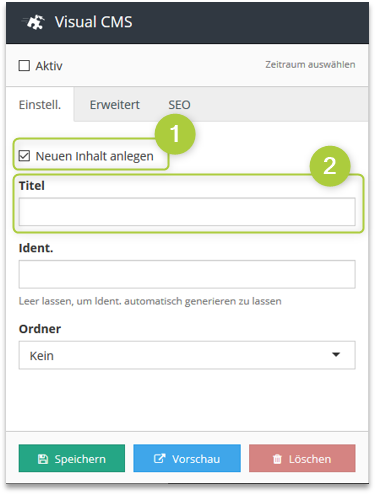 Inhalt erstellen - Registerkarte Einstellungen