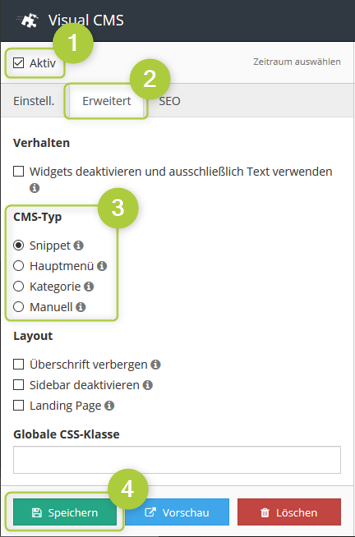 Inhalt erstellen - Registerkarte Erweitert
