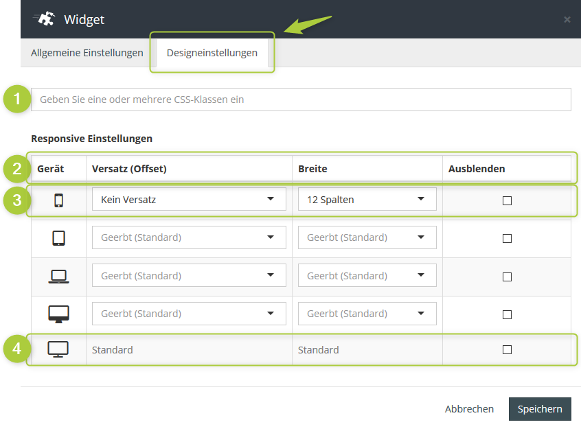 Widgets anordnen: Designeinstellungen