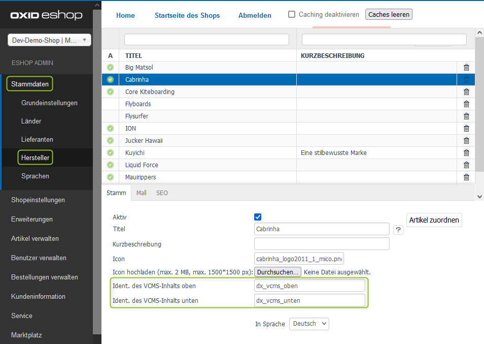 OXID-Backend: Hersteller mit VCMS-Inhalten